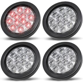Trailer Tail Lights 4 Inch Clear Lens Red Round Clearance Stop Brake 12 LED For Truck RV Bus ATV Caravan Tow Tractor 3 Prong Plug Waterproof 12V DC Pack of 4