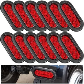 Yexiya 12 Pack 6 Inch Oval LED Trailer Light Kit 10 LED Stop Reverse Lights Stop Turn Tail Light 3 Pin Tight Plug with Wires and Grommet IP67 Waterproof Tail Light for Boat RV Trucks (Red)