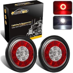 Partsam 2Pcs 4" Inch Round LED Trailer Tail Lights 16LED w Rubber Grommet, Waterproof Sealed Round Red Stop Turn Tail Brake Running Lights White Reverse Backup Lights Lamps for RV Trailer Trucks