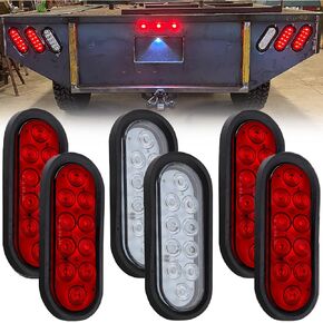 6Pcs 6 Inch Oval LED Trailer Tail Lights 10 LED, 4 Red and 2 White 6" Oval Led Stop Turn Tail Lights Brake Reverse Back Up Trailer Lights w/Flush Mount Grommets Plugs Waterproof for RV Truck Bus 12V
