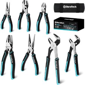 DURATECH 7-Piece Pliers Set, Premium Cr-Ni Construction (10", 8" Groove Joint Pliers, 8", 6" Long Needle Nose, 8" Linesman, 6" Slip Joint, 6" Diagonal) for Basic Repair, with Oxford Rolling Pouch