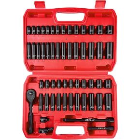 WETT 1/2" Drive Impact Socket Set, 40Pcs Metric Socket Wrench Set (8-32mm), Heavy Duty Standard Sockets Assortment, Deep/Shallow, 1/2-Inch Ratchet Handle, 5", 10" Extension Bar, Universal Joint