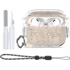 for Airpods Pro 2nd/1st Generation Case with Lock, Floral Flower Engraved Airpod Pro 1&2 Protective Cover with Cleaner Kit&Keychain&Lanyard for AirPods Pro 2nd/1st Gen (Black)