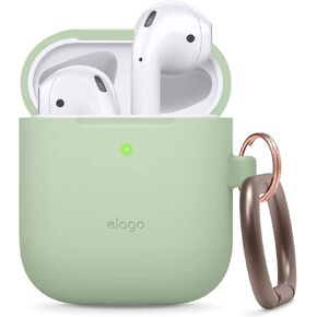 elago Silicone Case with Keychain Compatible with Apple AirPods Case 1 & 2, Front LED Visible, Supports Wireless Charging, Protective Silicone [Pastel Green]