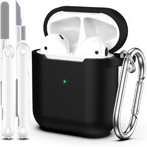 for AirPods Case Cover, Military Grade Anti-Fall Soft Silicone Shock-Absorbing Protective for AirPods 2&1 Generation Case Skin Touch with Keychain and Cleaning kit, Black
