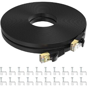 Flat Cat7 Ethernet Cable Network Patch Cable with 20pcs Cable Clips FTP/STP LAN Cable Computer Patch Cord-100 Feet