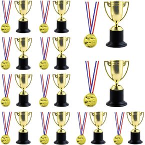 24PCS Mini Trophies and Awards Set,12PCS 4 Inch Gold Plastic Trophy Cup and 12 PCS Shiny Golden Winner Medals for Kids and Adults,Party Favors