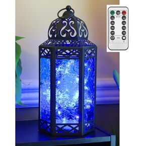 VELA LANTERNS Black Metal Moroccan Decorative LED Fairy Lights Candle Lantern Holders for Hanging or Table, Indoor Home Decor, Halloween, Outdoor Patio or Porch, Weddings, Amber Glass, Large