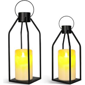 Rustic Farmhouse Candle Lantern Set of 2 Black Decorative Lanterns with Metal Wire Indoor Outdoor Home Decor with Flickering LED Candles Housewarming Wedding Christmas Halloween Gift