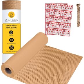 Honeycomb Packing Paper for Moving -12 In x 400 Ft, Shock Proof Brown Wrapping Paper Roll for Shipping With 20 Fragile Stickers & 100Ft Jute Twine -Sustainable & Recyclable Moving Bubble Packing Roll