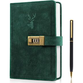 ZukoCert Journal With Lock A5 PU Leather Diary With Lock 240 Pages, Retro Journal With Lock And Key To Protect Your Privacy, Unisex.（Deer Head Style, Green）