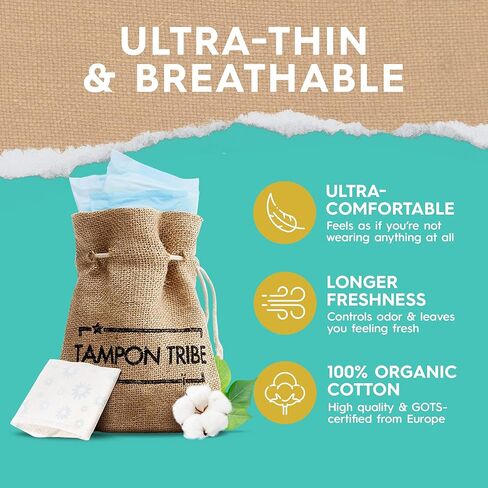 تامبون ترايب - فوط قطنية عضوية بأجنحة للنساء، فوط صحية قابلة للتنفس خالية من المواد الكيميائية، فوط ليلية ونهارية مانعة للتسرب للنساء، مناديل صحية مستدامة غير سامة، مع 10 فوط رفيعة in Kuwait