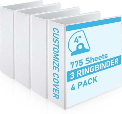 3 Ring Binder Extra Large 4 Inch Professional Angle D Ring Binder White Presentation Folder with Pockets Holds up to 775 Sheets of 8.5 x 11 Paper for Home Office School, 4 Pcs in Kuwait