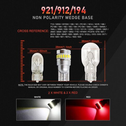 VehiCode 912 921 W16W T15 LED لمبة أحمر أبيض كومبو 12-18 فولت للشاحنة مركز الفرامل الثالث ارتفاع جبل توقف ضوء مصباح الذيل وسرير البضائع النسخ الاحتياطي عكس الضوء 194 168 2825 T10 استبدال إسفين (4 حزمة) in Kuwait