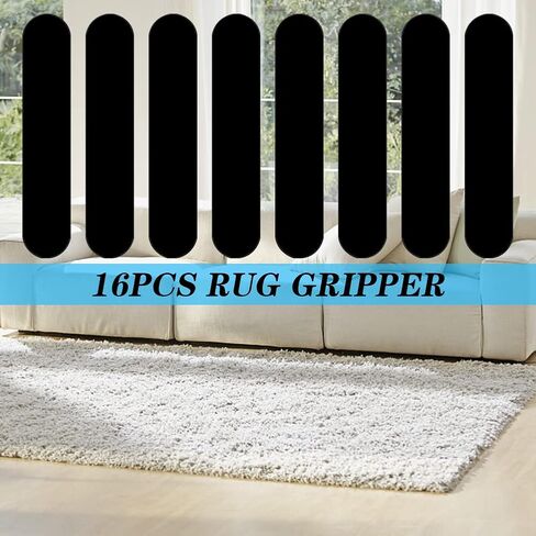 Rug Gripper, 16pcs Double Sided Non Slip Reusable Rug Stopper, Reusable Washable Anti-Slip Grippers for Laminate Floor and Wooden Floors, Carpet Tape for All Kinds of Rugs(Black) in Saudi Arabia