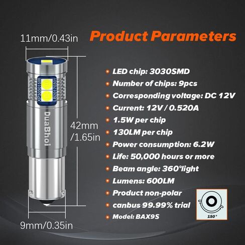 DuaBhoi H21W LED لمبة BAY9S 64136 600LM ساطعة للغاية CANBUS خالية من الأخطاء لـ 12 فولت BMW VW CC Audi 6000K أبيض مؤشر الضباب الخلفي وقوف السيارات وإيقاف الذيل النسخ الاحتياطي عكس ضوء السيارة (عبوتان) in Kuwait
