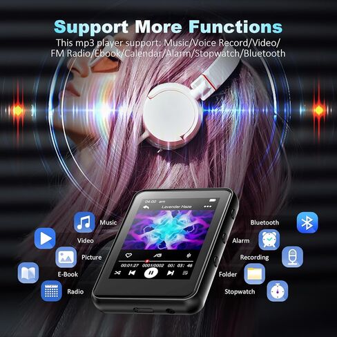 64GB MP3 Player with Bluetooth,Portable Digital Music MP3 MP4 Player for Music Lover with Voice Record FM Radio Alarm Stopwatch Built-in HD Speaker with 2.4'' Full Touch Screen and Super Light (Black) in Saudi Arabia