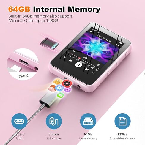 مشغل MP3 سعة 64 جيجابايت مع بلوتوث، مشغل موسيقى رقمي محمول MP3 MP4 لمحبي الموسيقى مع تسجيل صوتي وراديو FM وساعة توقيت مدمجة عالية الدقة مع شاشة لمس كاملة 2.4 بوصة وإضاءة فائقة (أسود) in Saudi Arabia