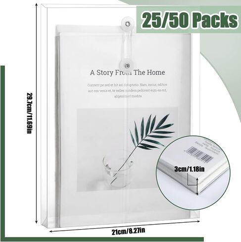 A4 Size Clear Plastic Poly Envelopes with String Closure, Expandable Files Document Folder, Reusable Large Capacity File Bag for School Office and Home (50 Pcs) in Saudi Arabia