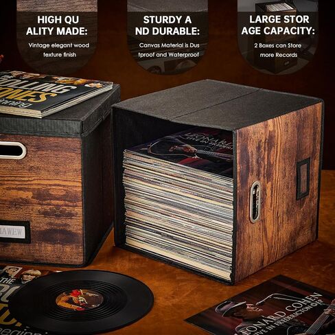 Vinyl Record Storage Box, Vinyl Record Case Set of 2, Stackable Vinyl Storage Box, Record Crate Hold Up To 100-Records (Advanced Flax Fabric, Black) in Saudi Arabia