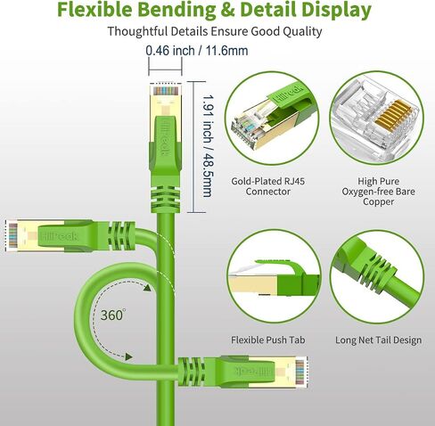 Cat8 Ethernet Cable 1FT, Indoor&Outdoor, Heavy Duty High Speed 26AWG Cat8 Network LAN Cable 2000Mhz, 40Gbps with Gold Plated RJ45 Connector, Weatherproof S/FTP UV Resistant for Router,Modem,PC Green in Saudi Arabia