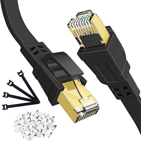 كابل إيثرنت Cat 8 بطول 100 قدم، كابل شبكة LAN عالي السرعة محمي بموصل RJ45، سلك كابل شبكة إيثرنت طويل مسطح للألعاب 40 جيجابت في الثانية لأجهزة PS5، PS4، Switch، Router، Modem، أسود in Saudi Arabia