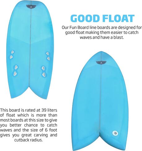 BruSurf 6 Foot Fiberglass Surfboard Great All Around Shape Easy to Catch Waves and Fast and Smooth Through Turns - Has a Squash Tail and Includes 4 Fins in Saudi Arabia