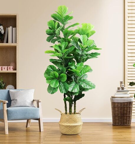 شجرة اصطناعية LOVMOR بطول 6 أقدام مع سلة نباتات من الأعشاب البحرية المنسوجة وطحالب واقعية، نباتات اصطناعية للديكور المنزلي الحديث وغرفة المعيشة (70 بوصة) (شجرة F-Ficus) in Kuwait