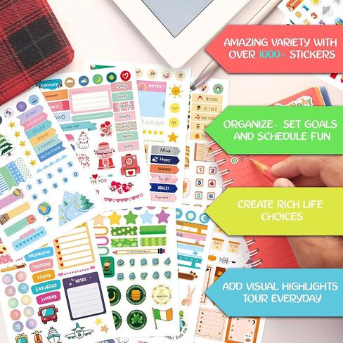 Planner Stickers - 24 Sheets 1000+ Colorful Monthly Designs Planner Sticker Book - The Perfect Scrapbook Sticker Accessories to Enhance Your Daily Calendar and Planner Journaling in Saudi Arabia