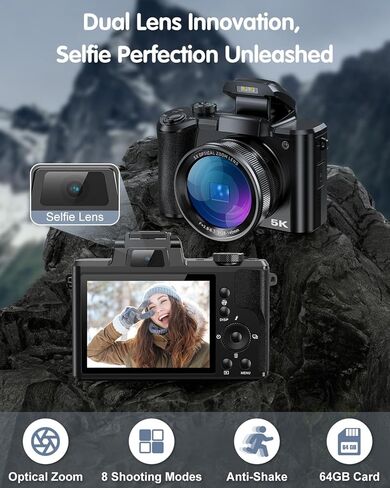 كاميرا رقمية 5K للتصوير الفوتوغرافي، كاميرا تسجيل فيديو بتركيز تلقائي بدقة 64 ميجابكسل لليوتيوب مع عدسة سيلفي، تكبير بصري 5X، كاميرا فيديو مع فلاش، شاشة تعمل باللمس، مضادة للاهتزاز، بطاقة 64 جيجابايت، بطاريتان in Kuwait