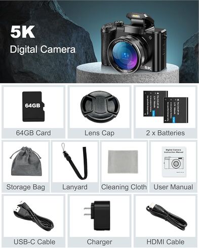 كاميرا رقمية 5K للتصوير الفوتوغرافي، كاميرا تسجيل فيديو بتركيز تلقائي بدقة 64 ميجابكسل لليوتيوب مع عدسة سيلفي، تكبير بصري 5X، كاميرا فيديو مع فلاش، شاشة تعمل باللمس، مضادة للاهتزاز، بطاقة 64 جيجابايت، بطاريتان in Kuwait