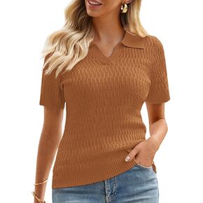 GRACE KARIN Women's 2024 Summer Short Sleeve Sweater V-Neck Collar Pullover Sweater Tops Lightweight Knit Polo Shirt