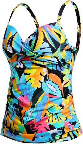 ملابس سباحة نسائية من Tempt Me مخططة باللون الأسود من Underwire Tankini، ملابس سباحة علوية للتحكم في البطن فقط، بدلة استحمام مرفوعة من الأمام بدون قاع L in Kuwait