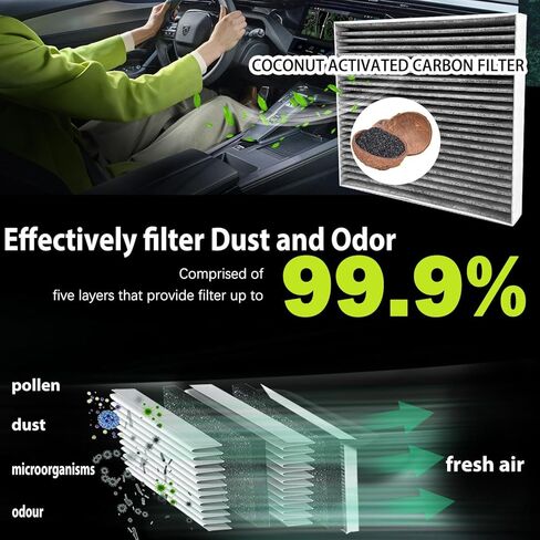 فلتر هواء المقصورة - بديل الكربون المنشط بقشرة جوز الهند لركاب السيارة CF10374، CP374 - ينطبق على دودج دارت 2013-2015| بونتياك فايب 2003-2008| تويوتا تاكوما 2005-2023 in Kuwait