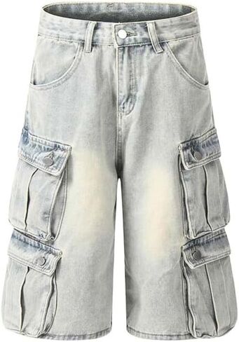 Cargo Jean Shorts for Women Men Wide Leg High Waisted Ripped Denim Pants Y2k Grunge Emo Jorts Summer Clothes. in Saudi Arabia