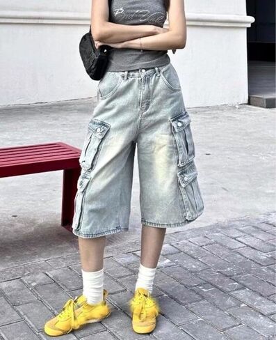 Cargo Jean Shorts for Women Men Wide Leg High Waisted Ripped Denim Pants Y2k Grunge Emo Jorts Summer Clothes. in Saudi Arabia