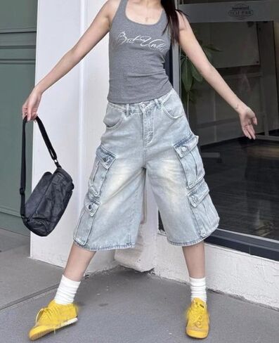 Cargo Jean Shorts for Women Men Wide Leg High Waisted Ripped Denim Pants Y2k Grunge Emo Jorts Summer Clothes. in Saudi Arabia
