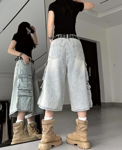 Cargo Jean Shorts for Women Men Wide Leg High Waisted Ripped Denim Pants Y2k Grunge Emo Jorts Summer Clothes. in Saudi Arabia