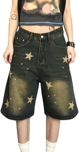 Cargo Jean Shorts for Women Men Wide Leg High Waisted Ripped Denim Pants Y2k Grunge Emo Jorts Summer Clothes. in Saudi Arabia