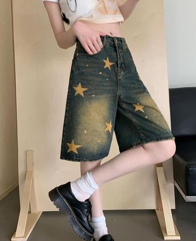 Cargo Jean Shorts for Women Men Wide Leg High Waisted Ripped Denim Pants Y2k Grunge Emo Jorts Summer Clothes. in Saudi Arabia