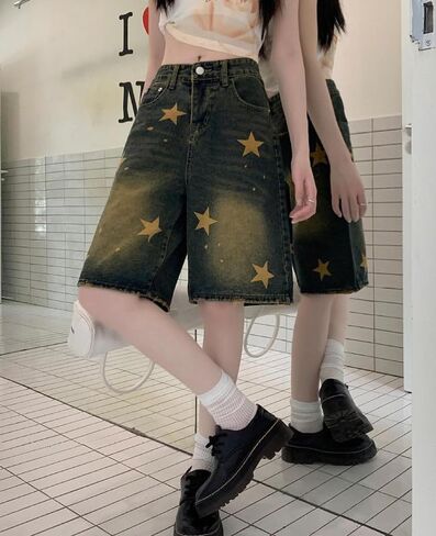 Cargo Jean Shorts for Women Men Wide Leg High Waisted Ripped Denim Pants Y2k Grunge Emo Jorts Summer Clothes. in Saudi Arabia