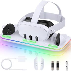 Charging Dock for Meta Quest 3, Magnetic Charging Dock for Quest 3 VR Headset & Controllers, RGB Lights, Three Charging Indicators, Charging Stand with 2 Rechargeable Batteries