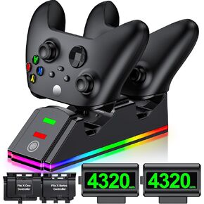 Xbox Controller Charger Station with 2 Packs 4320mWh Rechargeable Battery for Xbox Series X/S/One/Elite Controller, Dual Charging Dock with RGB Light, Xbox Controller Battery Pack with 4 Packs Covers