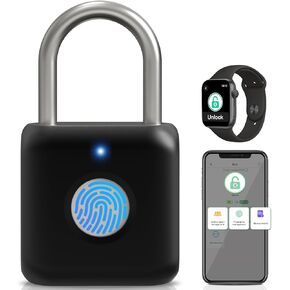 Fingerprint Padlock, Pothunder Smart Padlock, Locker Lock, Combination Lock, Fingerprint Lock with APP Unlock, USB Rechargeable, Suitable for Gym Locker, Door, Locker(Black)