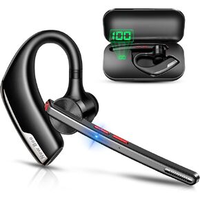 New bee Bluetooth Headset, Wireless Bluetooth Earpiece for Cellphone with 500mah Charging Case 80h Playtime V5.2 Dual Mic Noise Cancelling Hands-Free Earphones for Office Driver