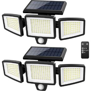 Tuffenough Solar Outdoor Lights 2500LM 210 LED Security Lights with Remote Control,3 Heads Motion Sensor Lights, IP65 Waterproof,270° Wide Angle Flood Wall Lights with 3 Modes(2 Packs)