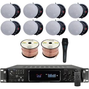 Vaiyer Home Audio System Kit - 7.2 Channel 4500 Watts Bluetooth Amplifier w/ 8 Qty of 5.25" Frameless Ceiling Speakers 175W Each, Mic, 16 AWG 500 ft Speaker Wire & Remote for Home, Office, Restaurant