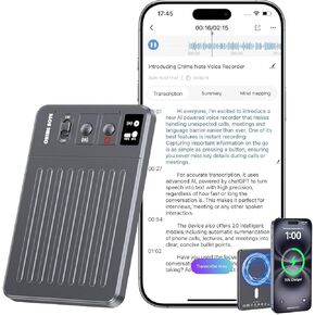 AI Voice Recorder - Voice Recorder w/No Fee for Transcribe & AI Summarize by ChatGPT, APP & Web Control, 117 Languages, 64GB Memory, Wireless Charging, Digital Voice Recorder for Meetings/Calls Grey
