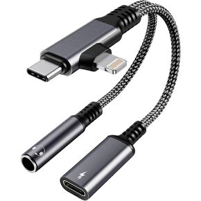 Lightning and USB C to 3.5mm Headphone and Charger Adapter - 2-in-2 iPhone Type-C to 3.5mm Jack Aux Dongle Converter with PD 60W Fast Charging Support Music Calling, for iPhone 16 15 14 Android Tablet