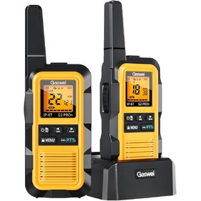 G2pro+ IP67 Waterproof Floating Heavy Duty Walkie Talkies Long Range for Adults FRS Double PTT，FM radio,SOS,NOAA weather Rechargeable Two Way Radios 2 watts,VOX,Li-ion Battery (2 Pack - Yellow)